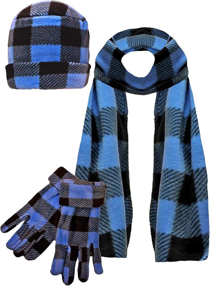 Blue & Black Plaid Fleece 3 Piece Hat Scarf & Glove Set at Amazon